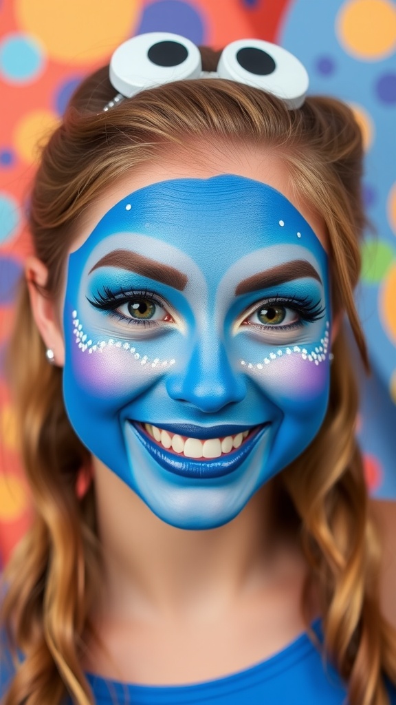 A close-up of Cookie Monster themed makeup with blue face paint and cartoonish eyes.